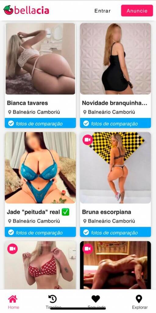 Interface do site Bella Cia mostrando perfis de acompanhantes